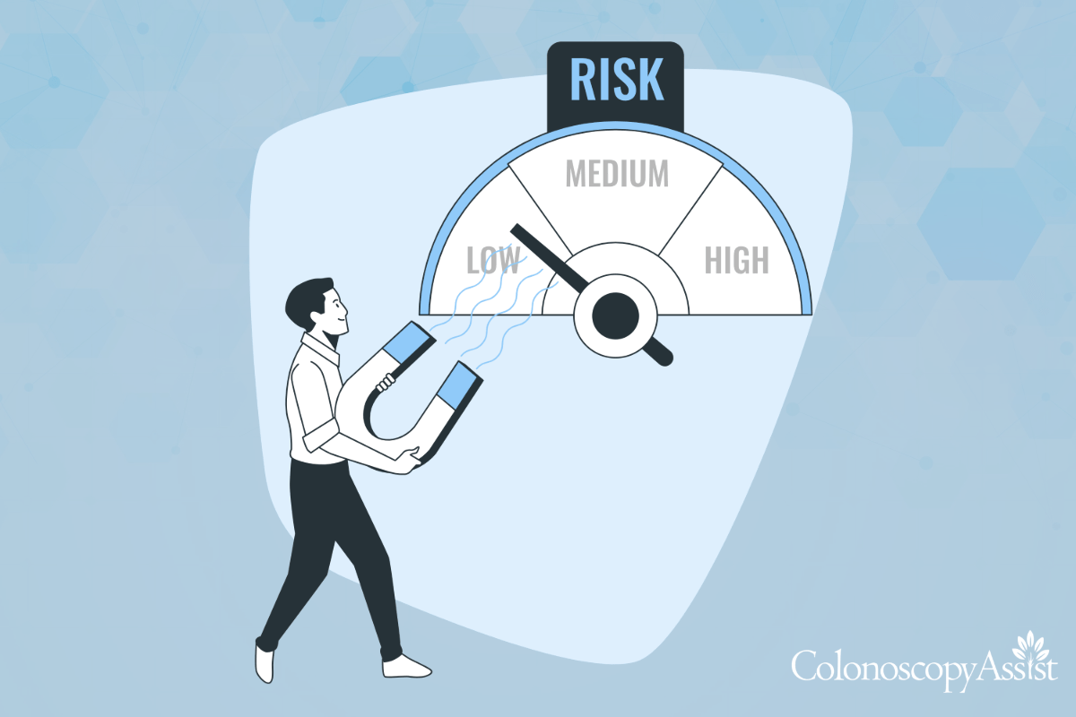 Illustration of a person using a horseshoe magnet to influence a risk meter from high to low. The background is light blue with geometric shapes.