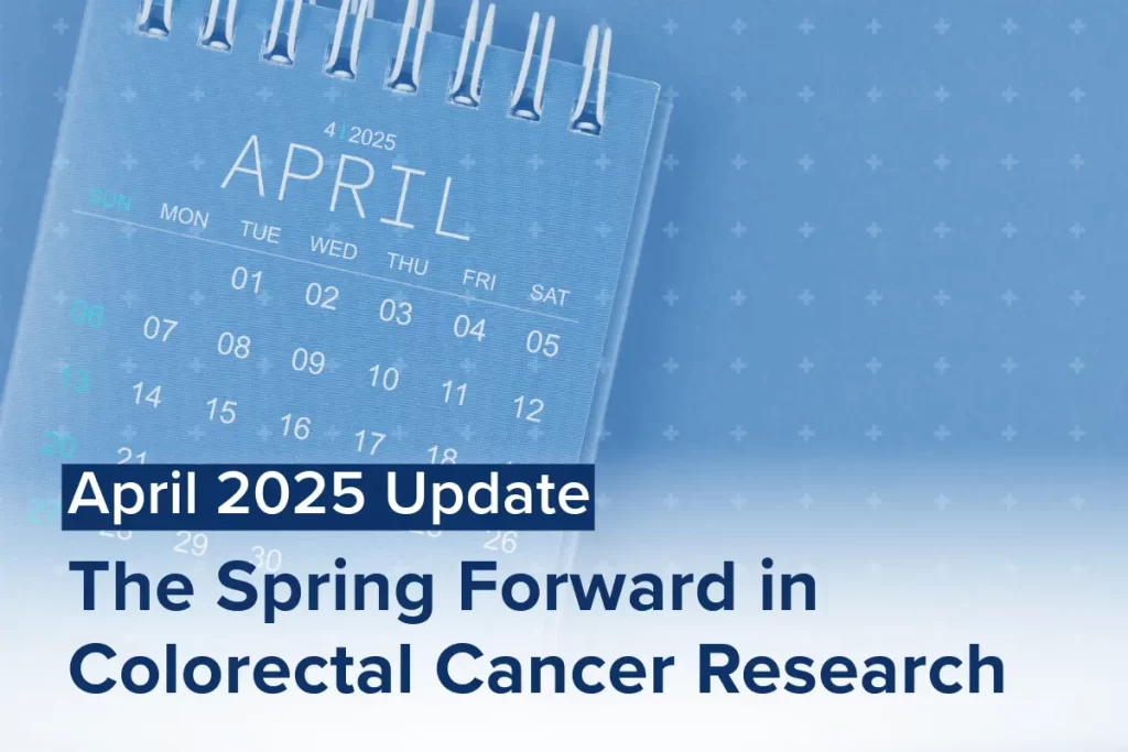 A desk calendar displays April 2025, with text overlay: April 2025 Update: The Spring Forward in Colonoscopies and Colorectal Cancer Research.