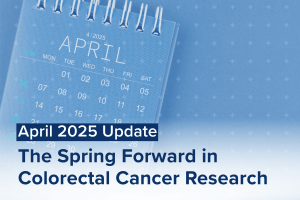 A desk calendar displays April 2025, with text overlay: April 2025 Update: The Spring Forward in Colonoscopies and Colorectal Cancer Research.