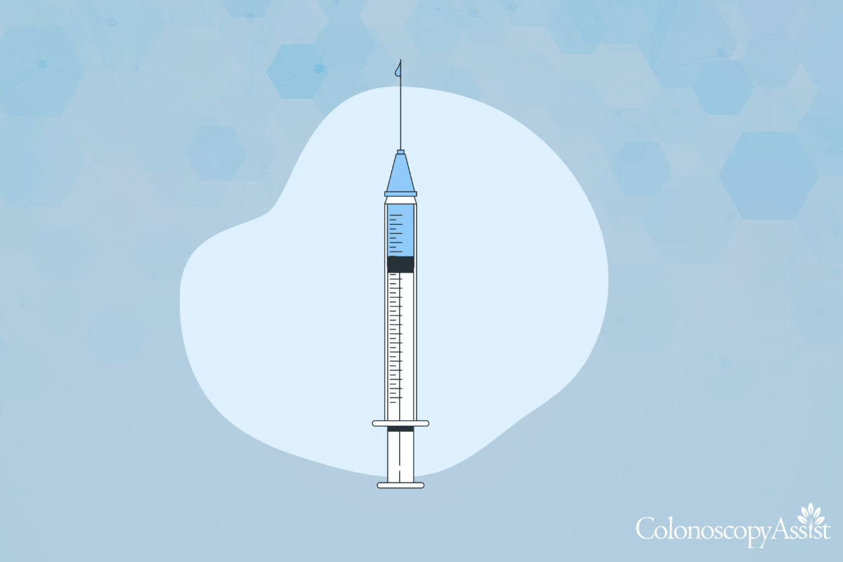 Illustration of a syringe with a needle, filled with liquid, against a light blue abstract background.