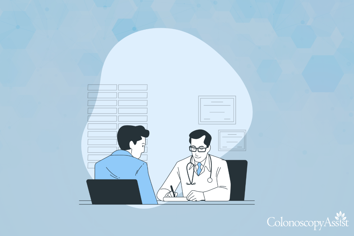 The illustration depicts a doctor discussing with a patient at a desk. A serene blue background with abstract hexagonal patterns enhances the scene, while ColonoscopyAssist is subtly placed in the corner, highlighting their transparent self-pay pricing approach.