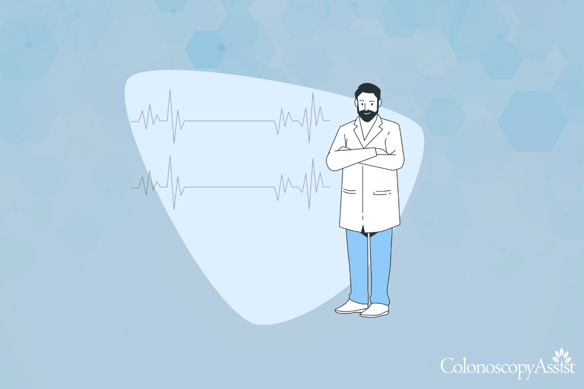 Illustration of a doctor in a white coat, arms crossed, stands confidently in front of a screen displaying heartbeat lines. The backdrop features a light blue geometric pattern with the ColonoscopyAssist logo, emphasizing expertise in colonoscopy procedures and anesthesia care.