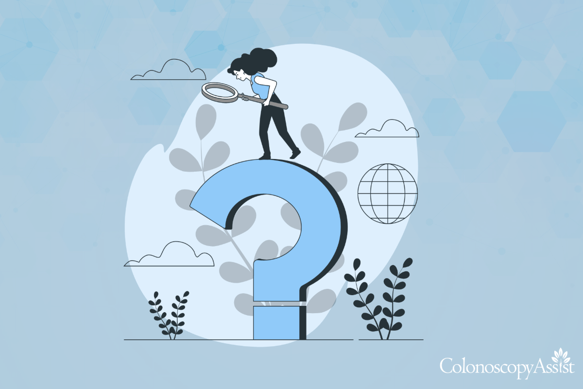 Illustrated person with a magnifying glass stands on a large question mark, surrounded by abstract plant and globe elements, highlighting self-pay pricing options, with a ColonoscopyAssist logo in the corner.