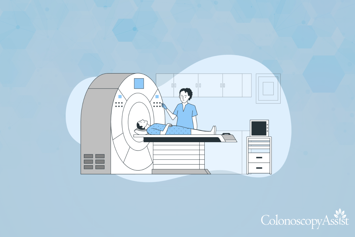 Illustration of a patient lying down for a CT scan, with a healthcare worker operating the scanner.