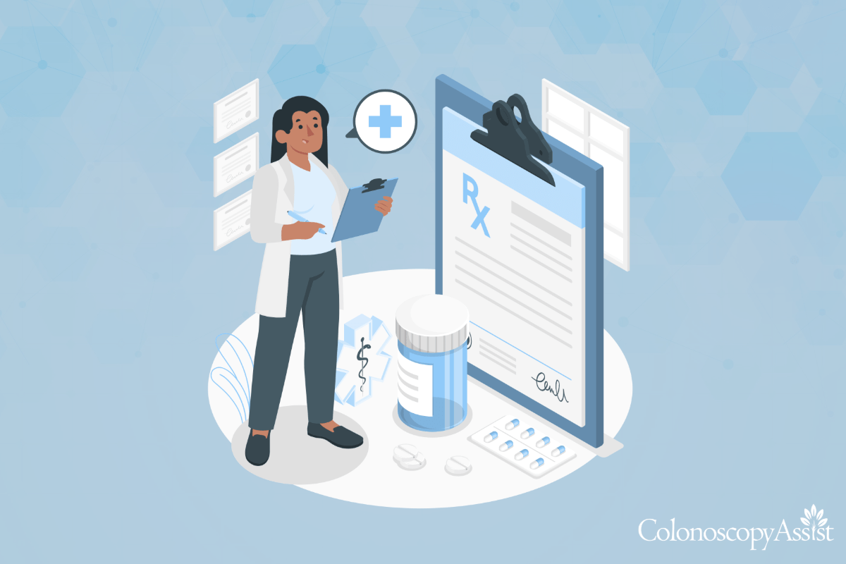 Illustration of a healthcare professional holding a clipboard near a large prescription pad, medication bottle, pills, and medical symbols on a blue background, emphasizing essential aspects of colonoscopy care.