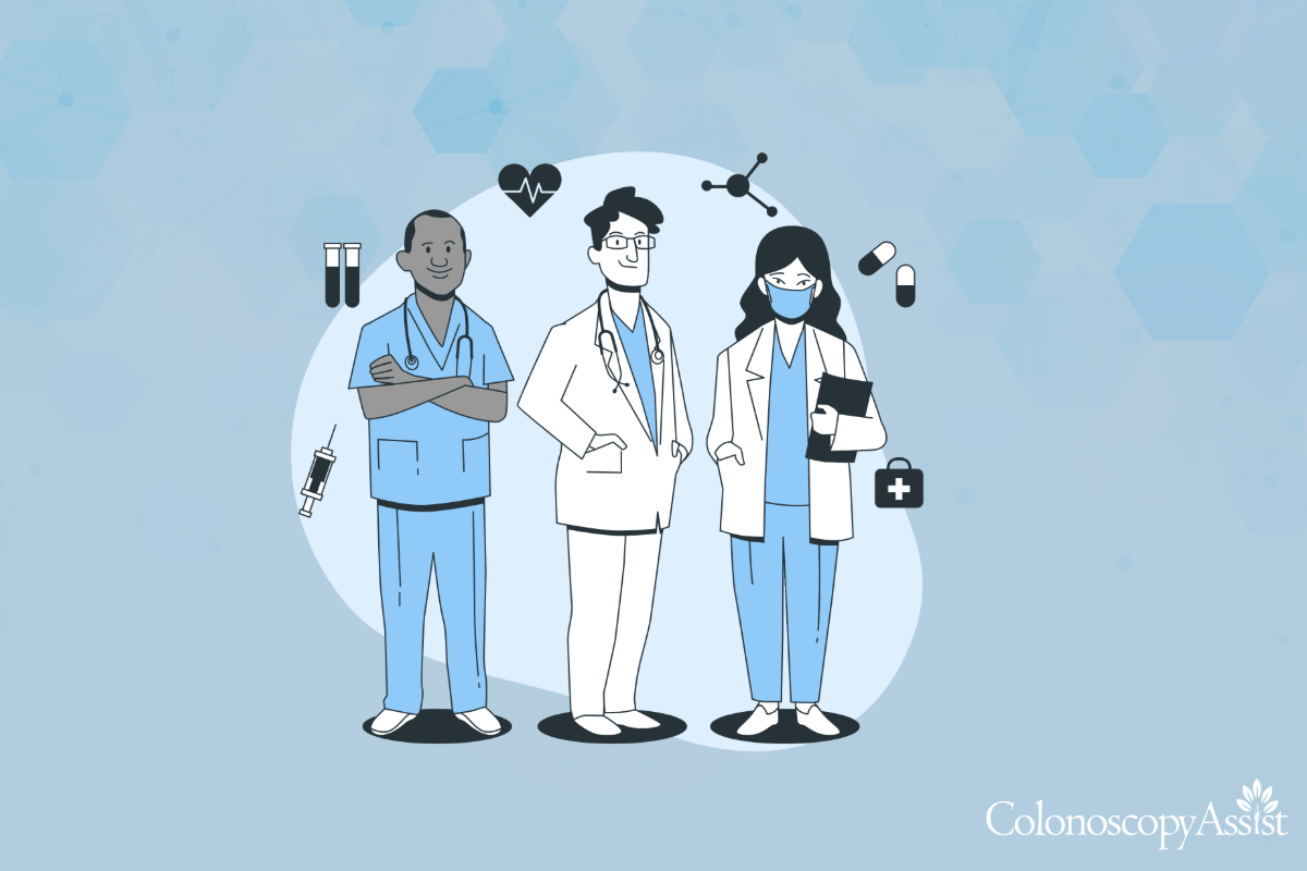 Illustration of three medical professionals in scrubs and lab coats, with medical icons like pills and a stethoscope, highlighting the importance of procedures like colonoscopy on a light blue background.