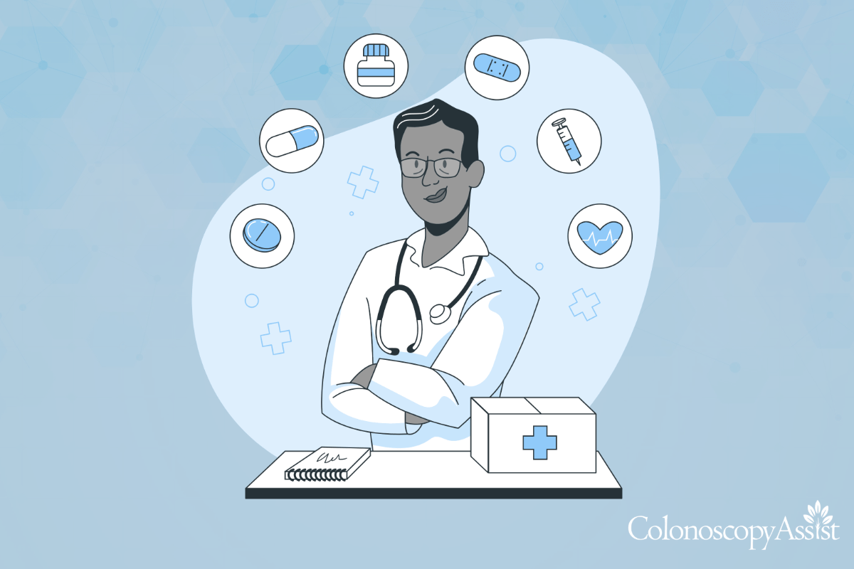 Illustration of a doctor in a lab coat with medical icons, such as pills and a syringe, floating above. A notebook and first aid kit are on the table.