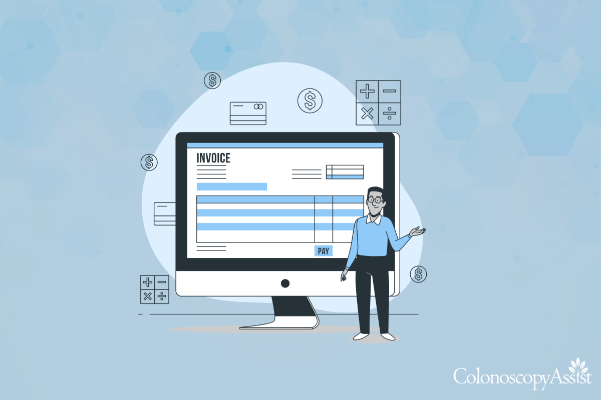 An illustration of a person easing their anxiety as they sit next to a computer displaying an invoice. Payment symbols gently surround the screen, creating a sense of calm.