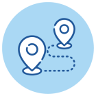 Icon of two location pins connected by a dotted path on a light blue circular background, representing navigation or route planning, similar to mapping the journey during a colonoscopy. Icon of two location pins connected by a dotted path on a light blue circular background, representing navigation or route planning, similar to mapping the journey during a colonoscopy.