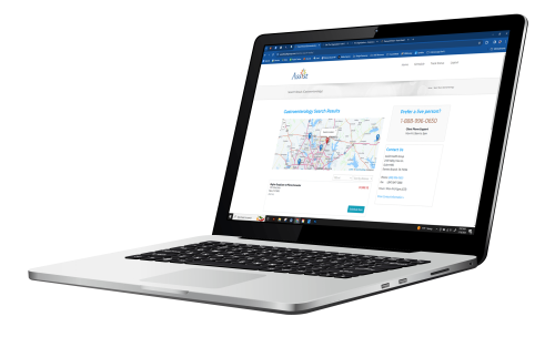 A laptop displaying a search results page with a map and contact information for colonoscopy clinics and addiction treatment services on the screen. A laptop displaying a search results page with a map and contact information for colonoscopy clinics and addiction treatment services on the screen.