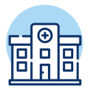 Simple line drawing of a hospital building with a medical cross symbol above the entrance, a blue circle in the background, representing places where procedures like colonoscopy are performed. Simple line drawing of a hospital building with a medical cross symbol above the entrance, a blue circle in the background, representing places where procedures like colonoscopy are performed.