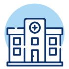 Simple line drawing of a hospital building with a medical cross symbol above the entrance, a blue circle in the background, representing places where procedures like colonoscopy are performed. Simple line drawing of a hospital building with a medical cross symbol above the entrance, a blue circle in the background, representing places where procedures like colonoscopy are performed.