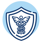 Blue outline of a shield with a caduceus symbol in the center, representing healthcare, colonoscopy, or medical protection, on a light blue circular background. Blue outline of a shield with a caduceus symbol in the center, representing healthcare, colonoscopy, or medical protection, on a light blue circular background.