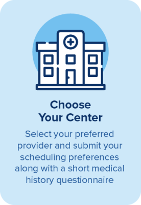Icon of a medical center above the text: Choose Your Center. Select your preferred provider for procedures like colonoscopy and submit your scheduling preferences with a short medical history questionnaire.