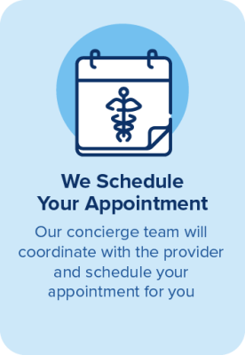 A calendar icon with a medical symbol above the text: We Schedule Your Appointment. Our concierge team will coordinate with your provider and schedule your colonoscopy appointment for you.