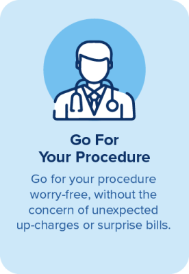 Icon of a doctor with a stethoscope above text that encourages having medical procedures like a colonoscopy without worrying about unexpected charges or surprise bills.