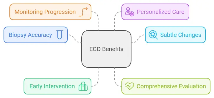 A visual diagram titled "EGD Benefits" showcasing six key advantages of endoscopic procedures. The benefits include monitoring progression, personalized care, subtle changes, comprehensive evaluation, early intervention, and biopsy accuracy, each represented with icons and distinct colors.